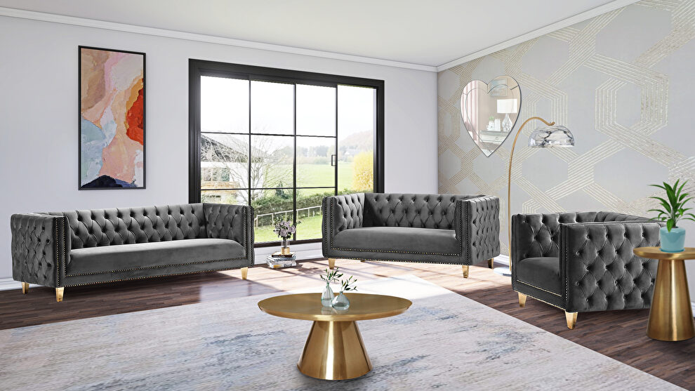 Gray velvet / gold nailheads stylish sofa by Meridian