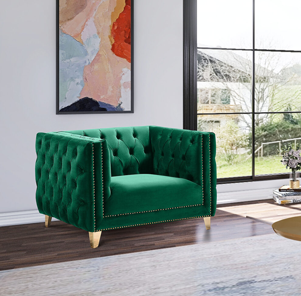 Green velvet / gold nailheads stylish chair by Meridian