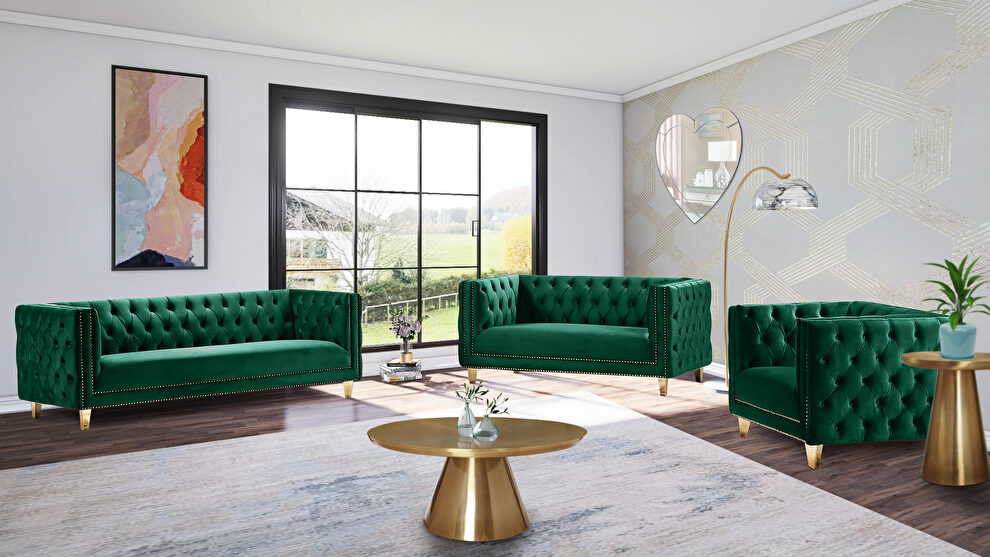 Green velvet / gold nailheads stylish sofa by Meridian