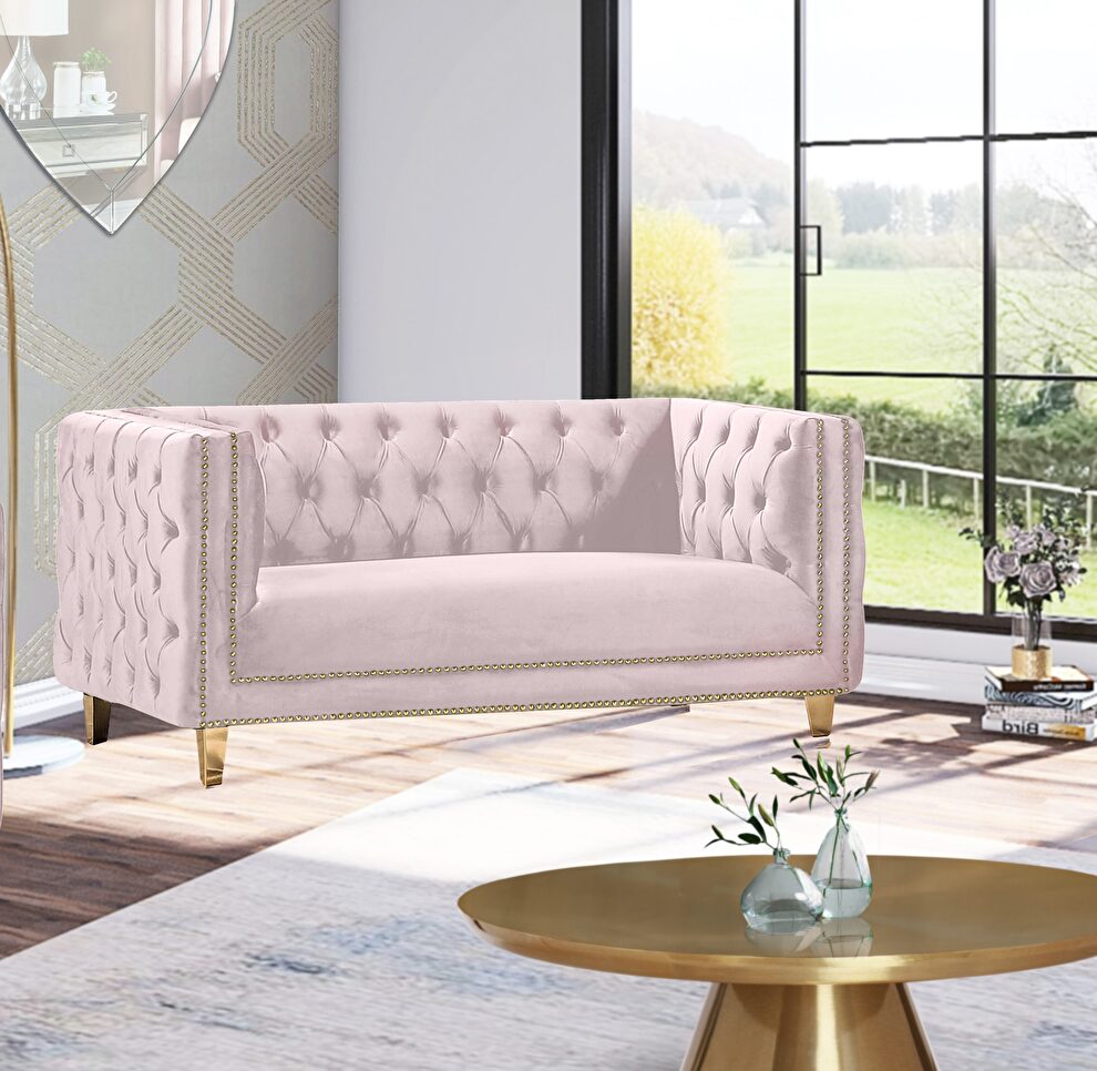 Pink velvet / gold nailheads stylish loveseat by Meridian