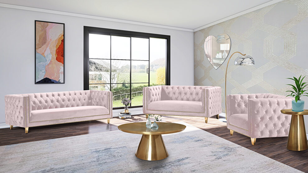 Pink velvet / gold nailheads stylish sofa by Meridian