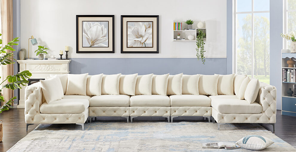 7pcs modular cream velvet deep tufted sectional couch by Meridian