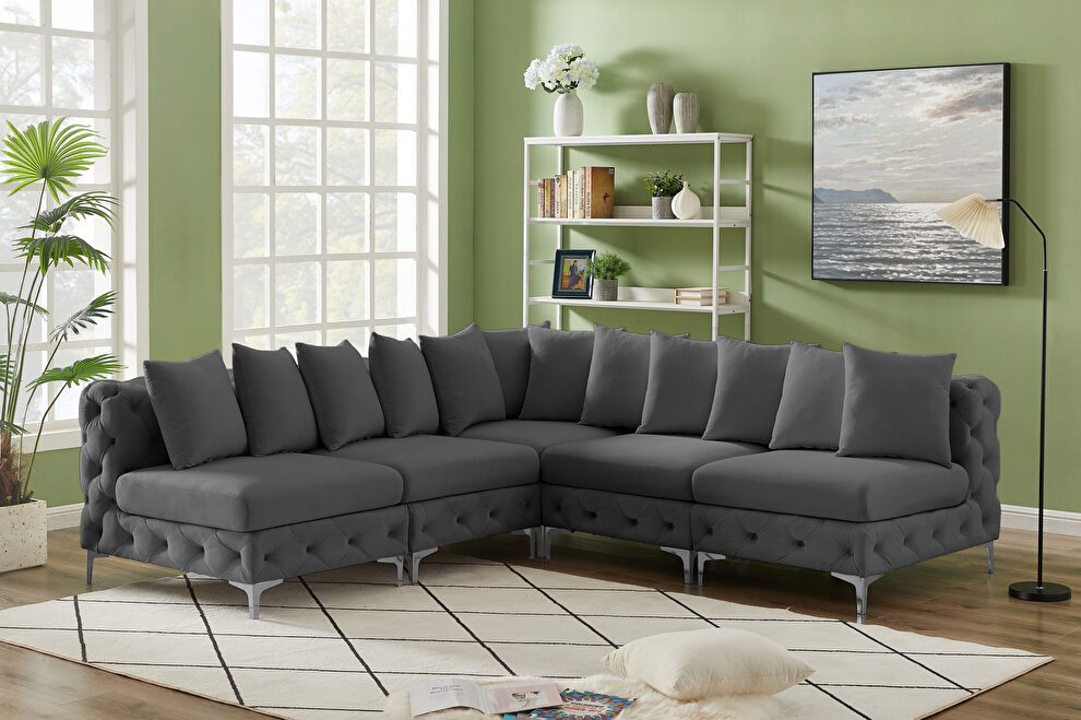 5pcs modular gray velvet deep tufted sectional couch by Meridian