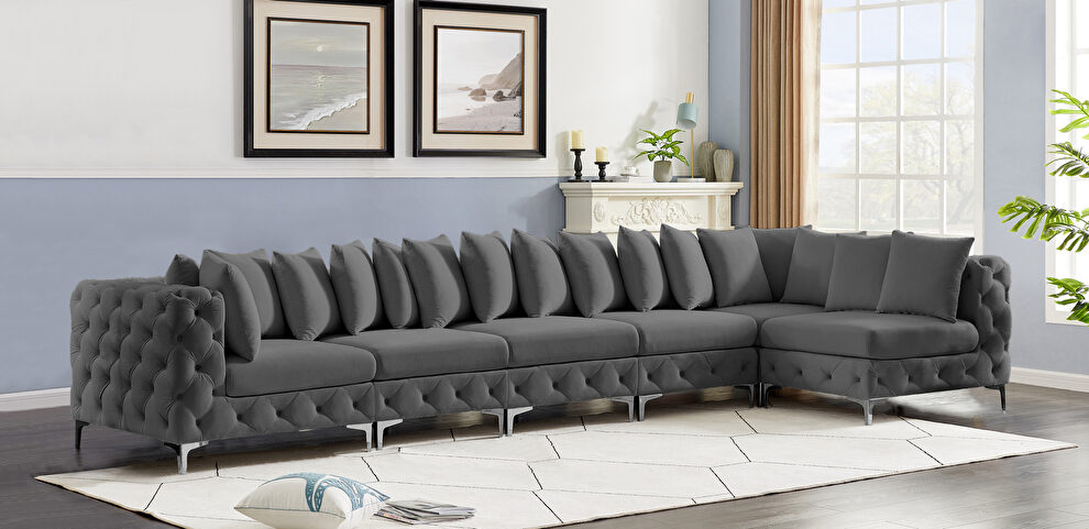 6pcs modular gray velvet deep tufted sectional couch by Meridian