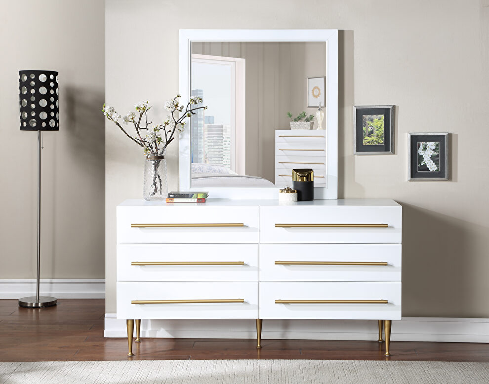 White contemporary style dresser w/ gold handles by Meridian