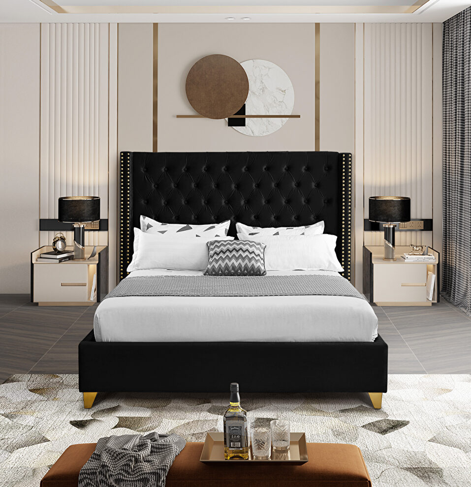 Modern gold legs / nailheads black velvet king bed by Meridian