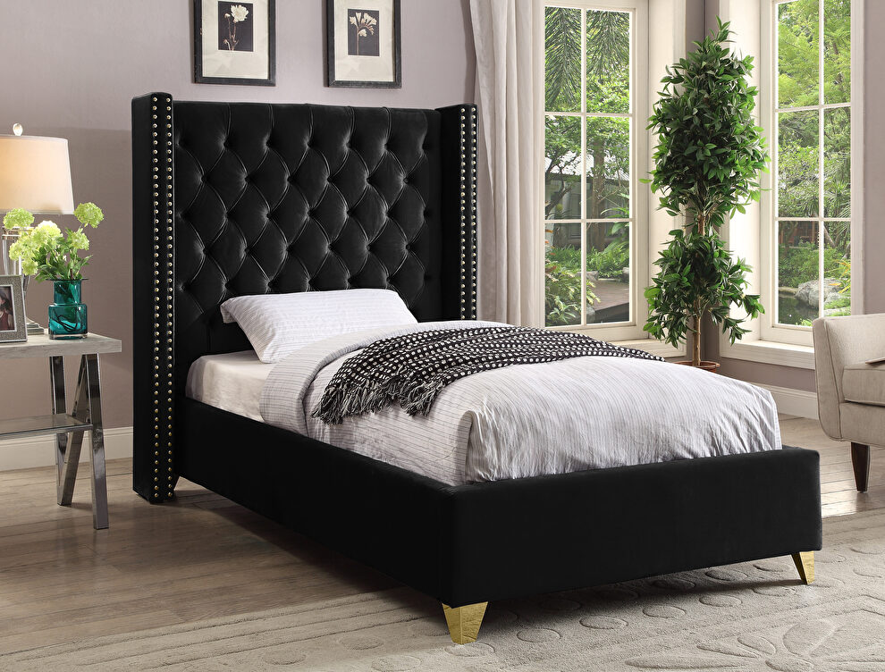 Modern gold legs / nailheads black velvet twin bed by Meridian