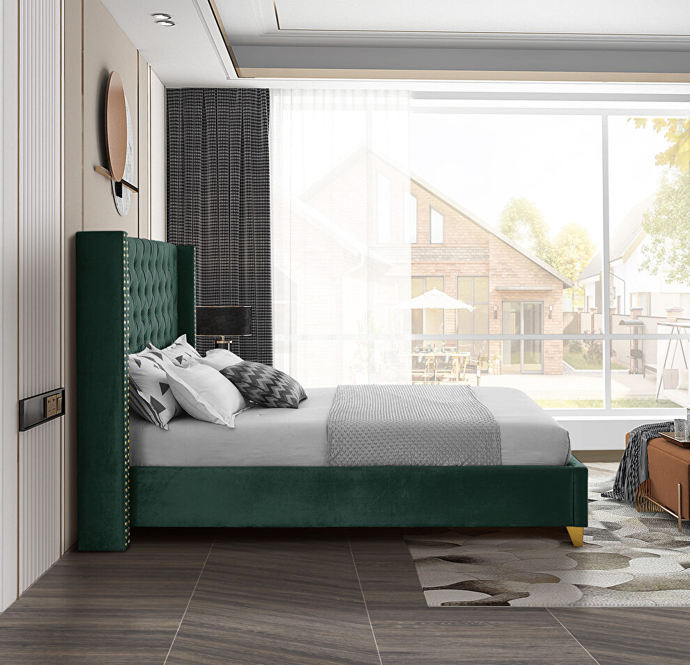 Modern gold legs / nailheads green velvet full bed by Meridian