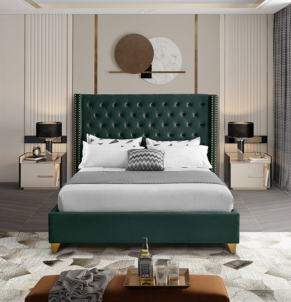 Modern gold legs / nailheads green velvet king bed by Meridian
