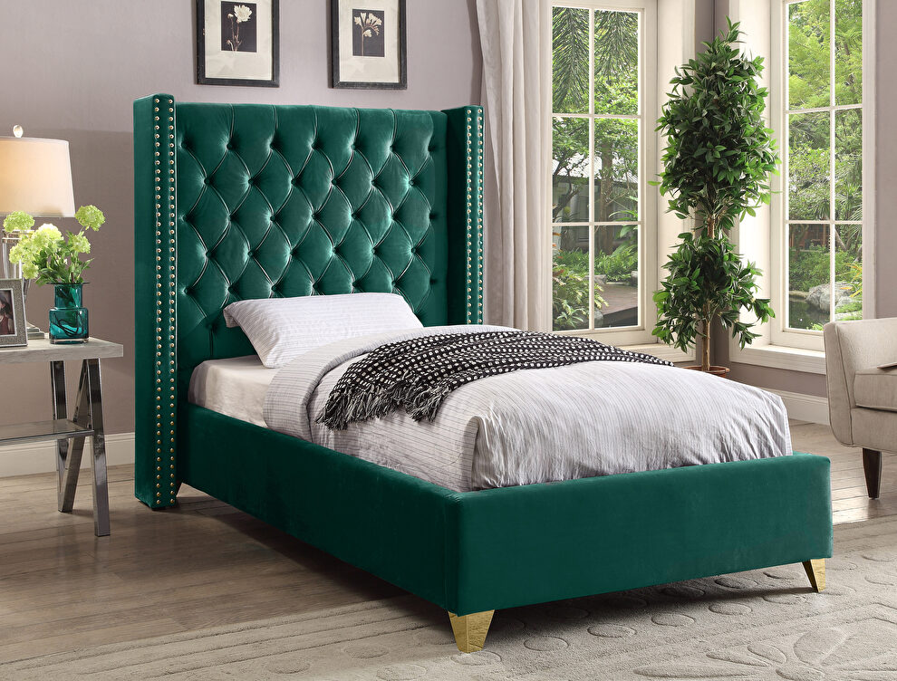 Modern gold legs / nailheads green velvet twin bed by Meridian