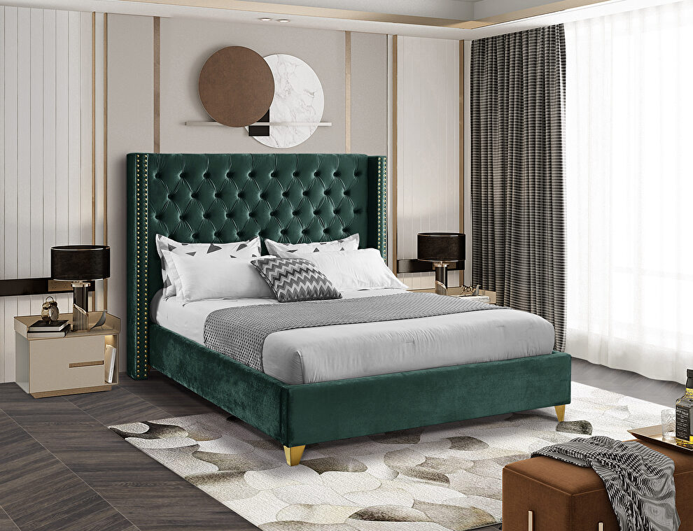 Modern gold legs / nailheads green velvet bed by Meridian