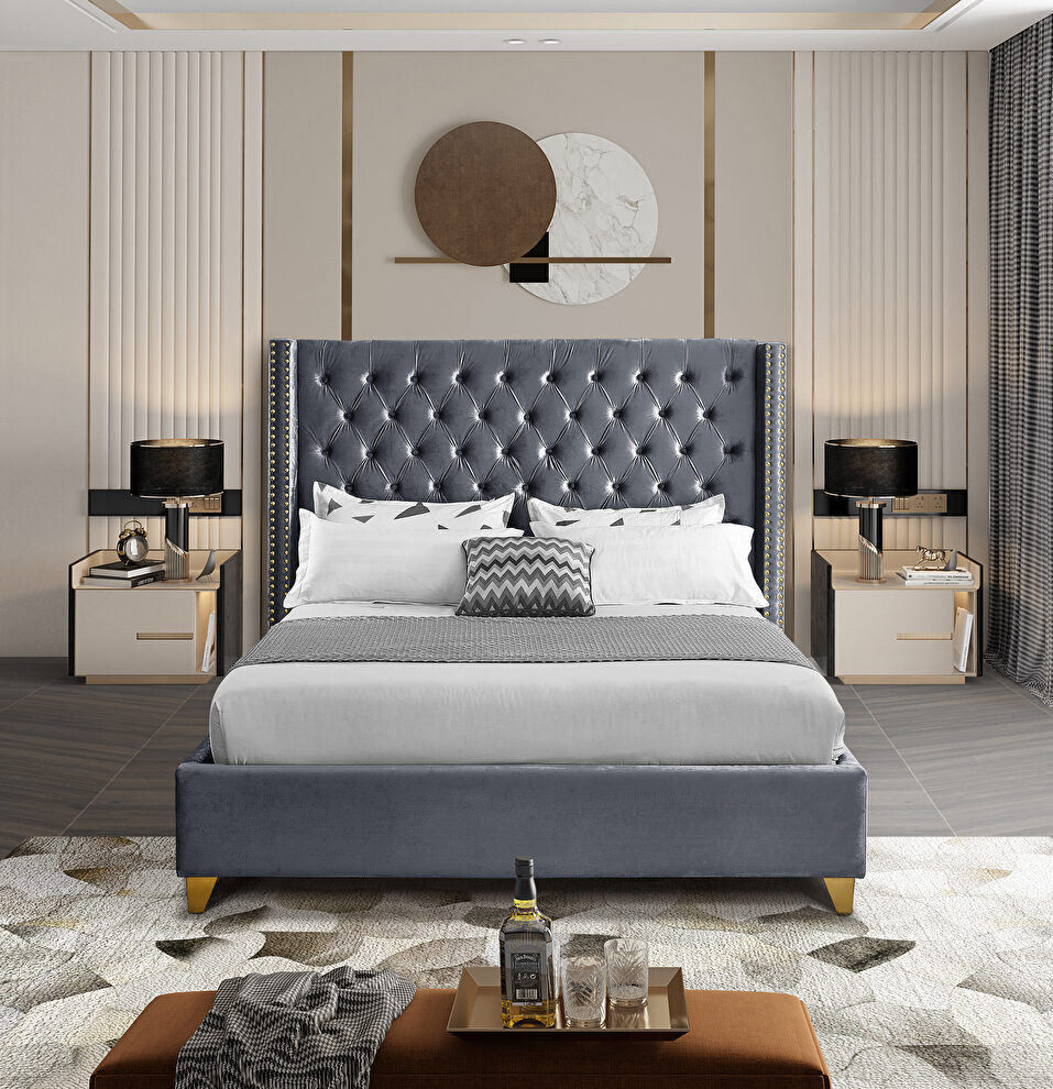 Modern gold legs / nailheads gray king velvet bed by Meridian