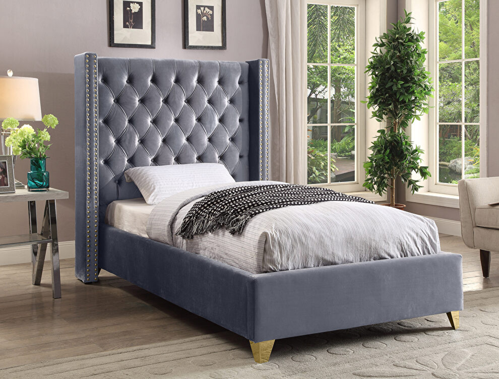 Modern gold legs / nailheads gray velvet twin bed by Meridian