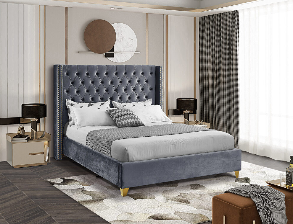 Modern gold legs / nailheads gray velvet bed by Meridian
