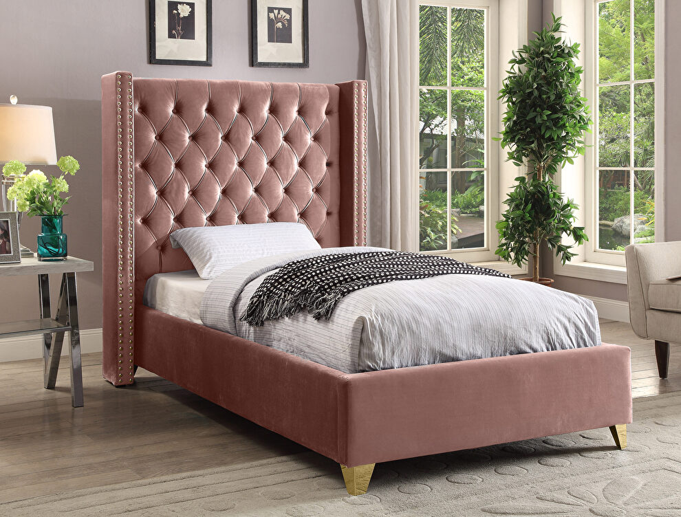 Modern gold legs / nailheads pink velvet twin bed by Meridian