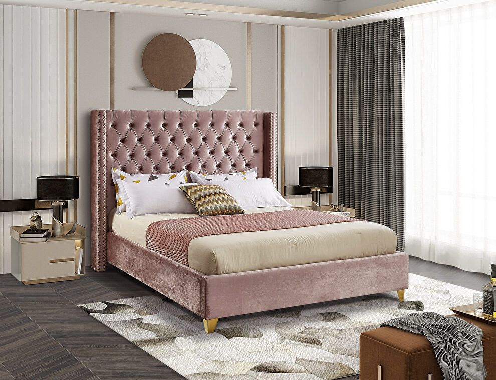 Modern gold legs / nailheads pink velvet bed by Meridian