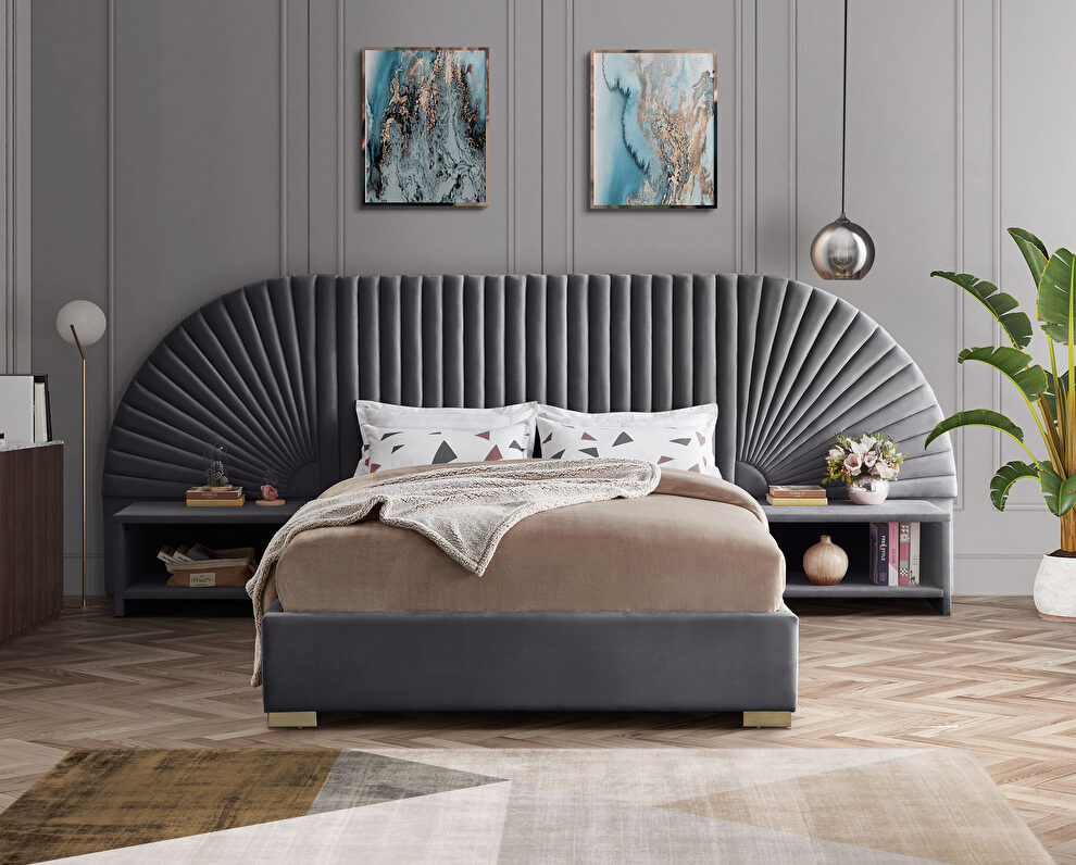Elegant channel tufted radial design velvet bed by Meridian