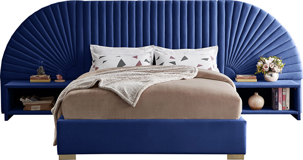 Elegant channel tufted radial design velvet king bed by Meridian