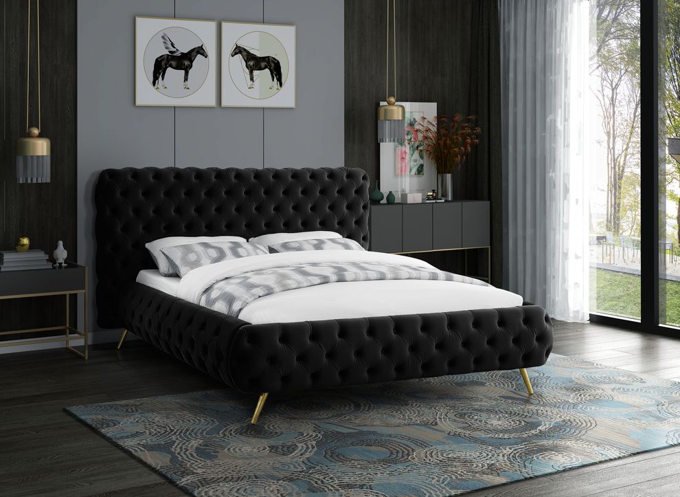 Black tufted uplholstered contemporary bed by Meridian