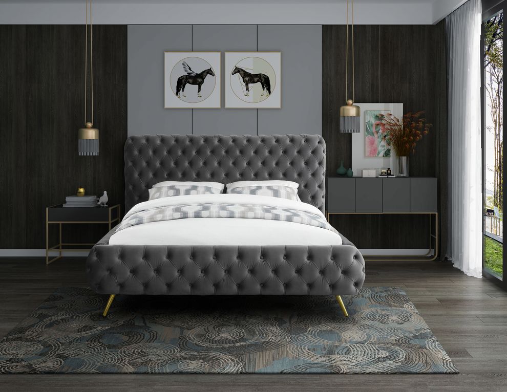 Gray tufted uplholstered contemporary king bed by Meridian