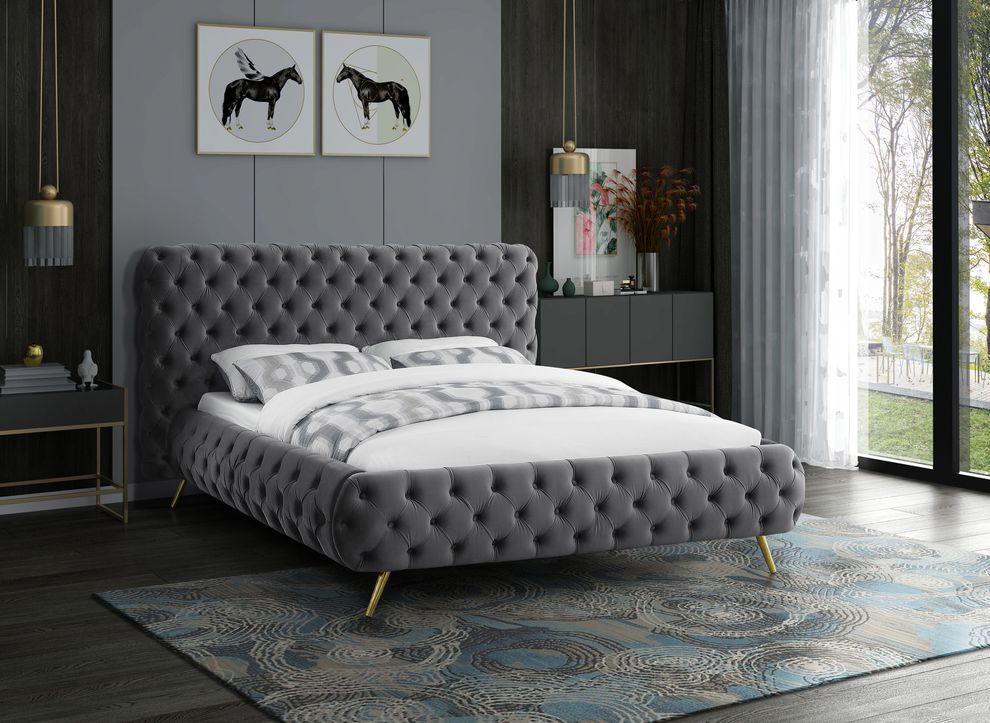 Gray tufted uplholstered contemporary bed by Meridian