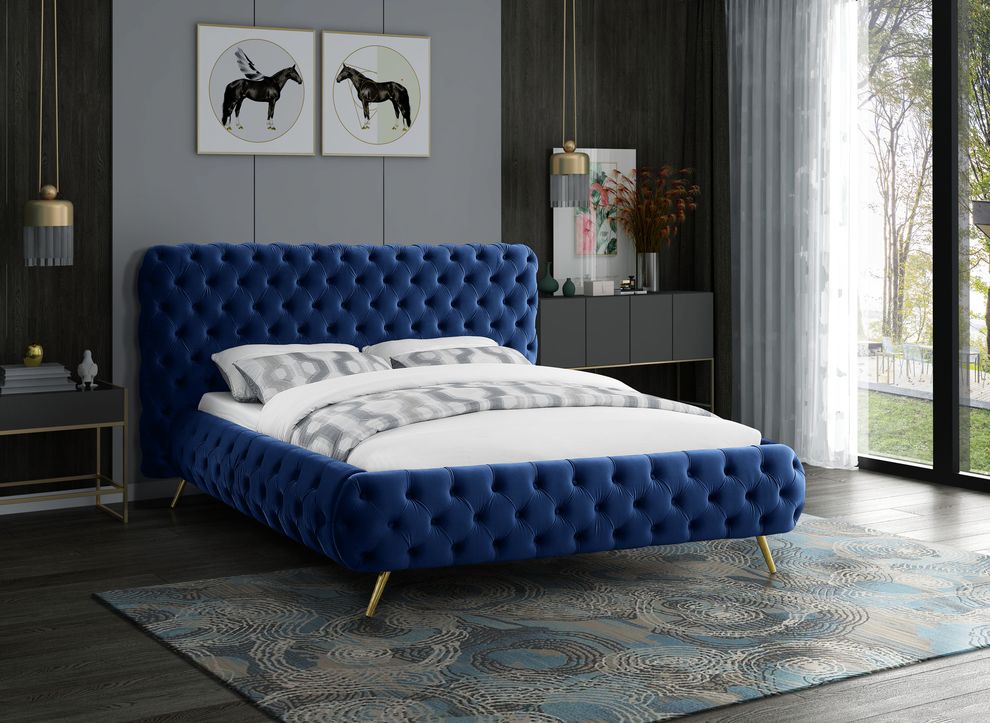 Navy tufted uplholstered contemporary bed by Meridian