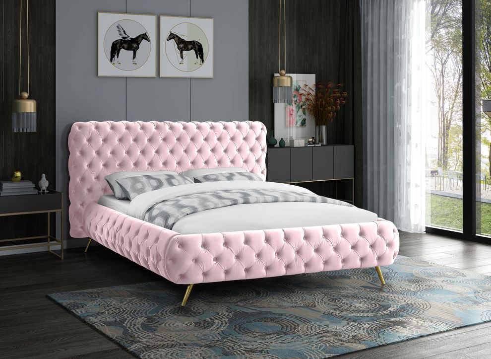 Pink tufted uplholstered contemporary bed by Meridian