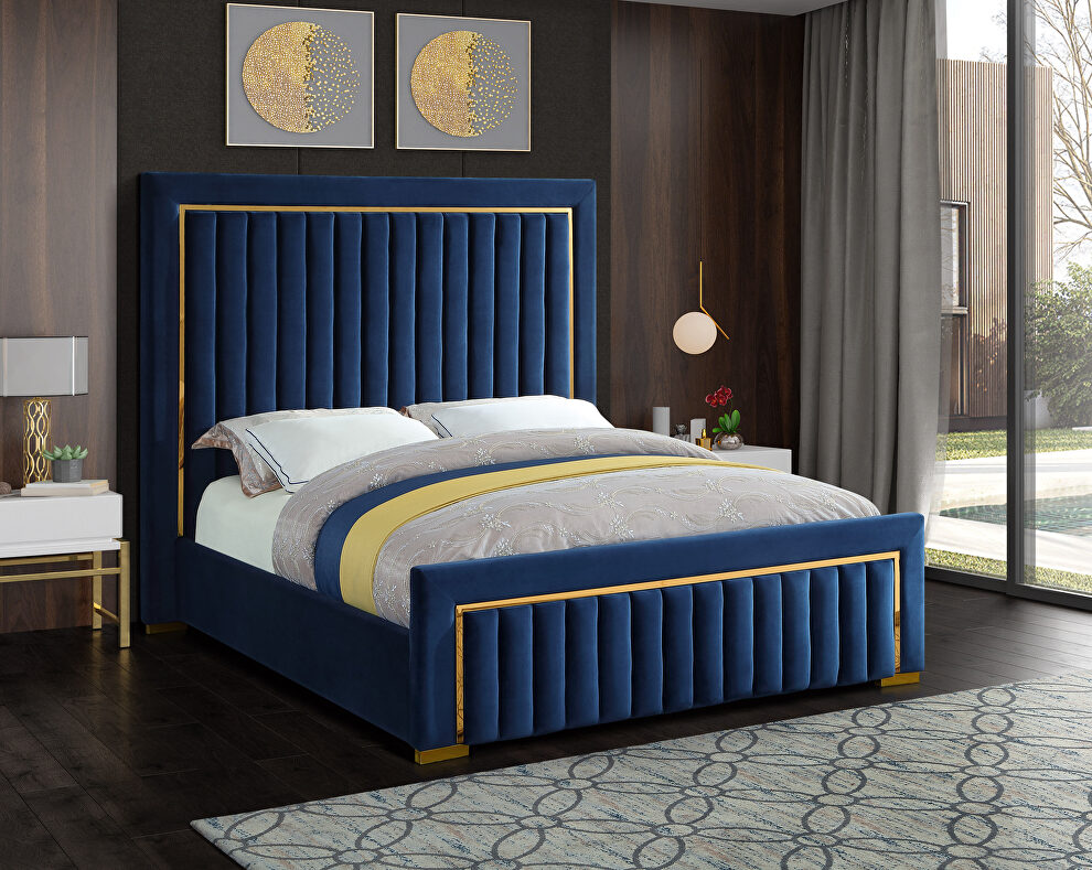 Gold trim high headboard velvet upholstery bed by Meridian