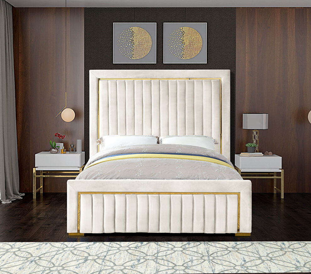 Gold trim high headboard velvet upholstery king bed by Meridian