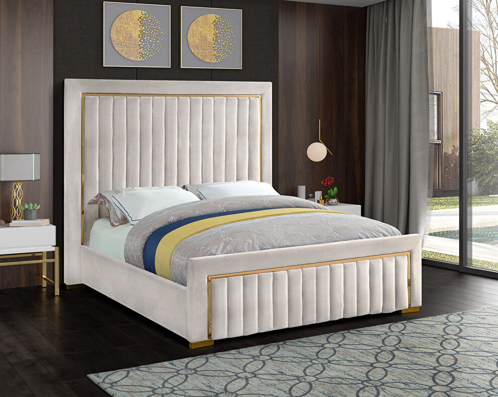 Gold trim high headboard velvet upholstery bed by Meridian