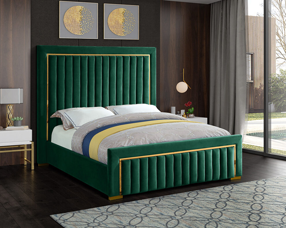 Gold trim high headboard velvet upholstery bed by Meridian