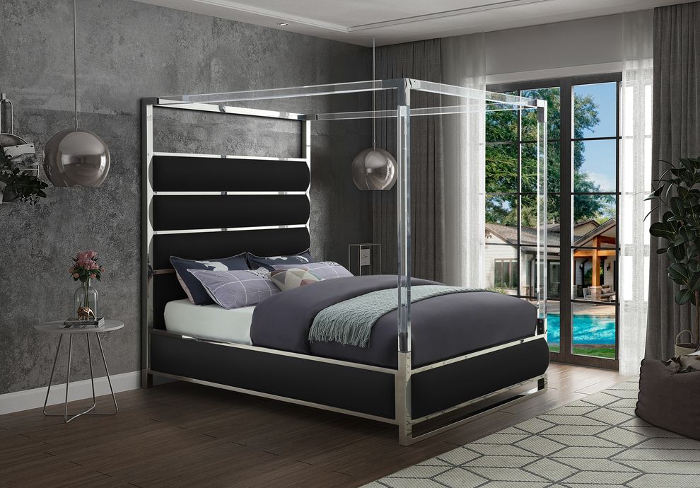 Faux leather / chrome platform canopy bed by Meridian