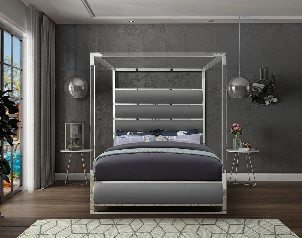 Faux leather / chrome platform canopy bed by Meridian