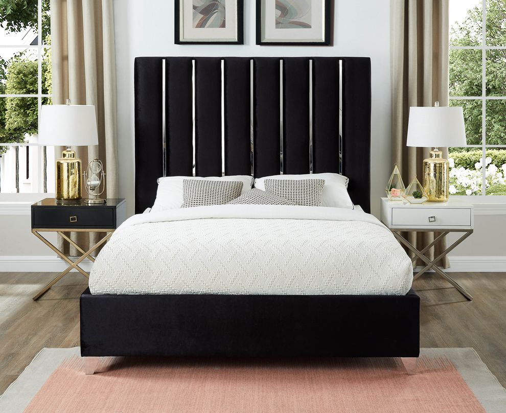 Black velvet bed w/ vertical slice style headboard by Meridian