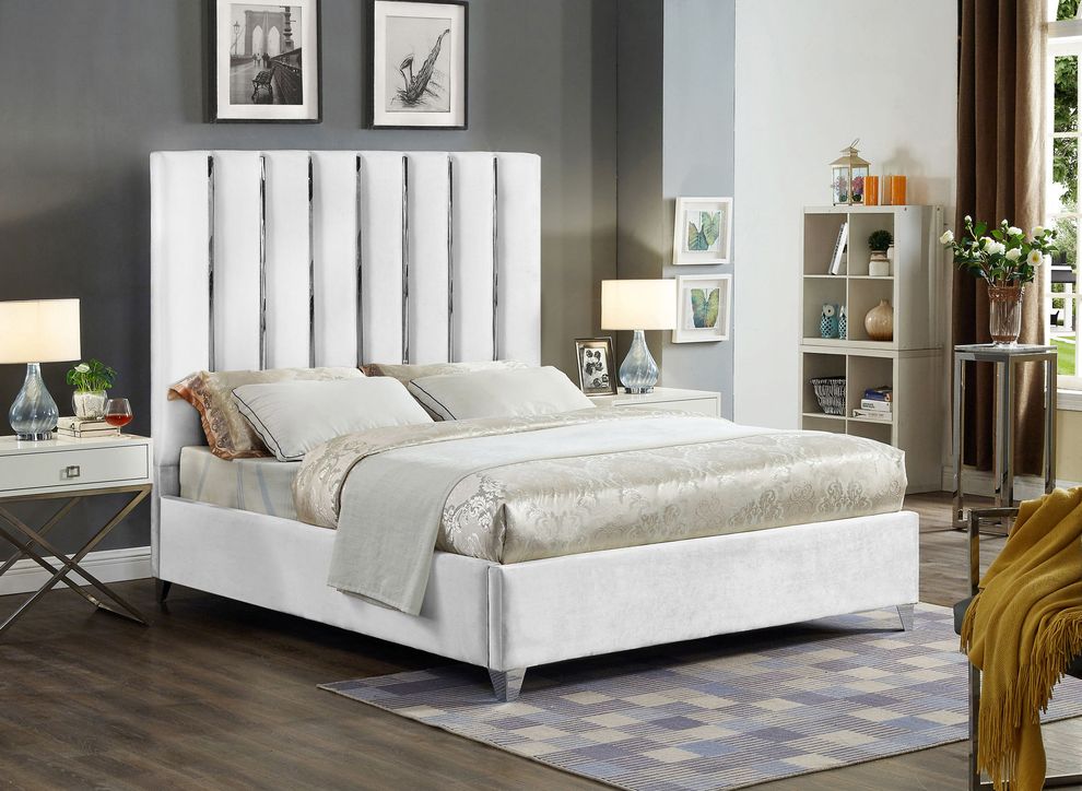 White velvet bed w/ vertical slice style headboard by Meridian