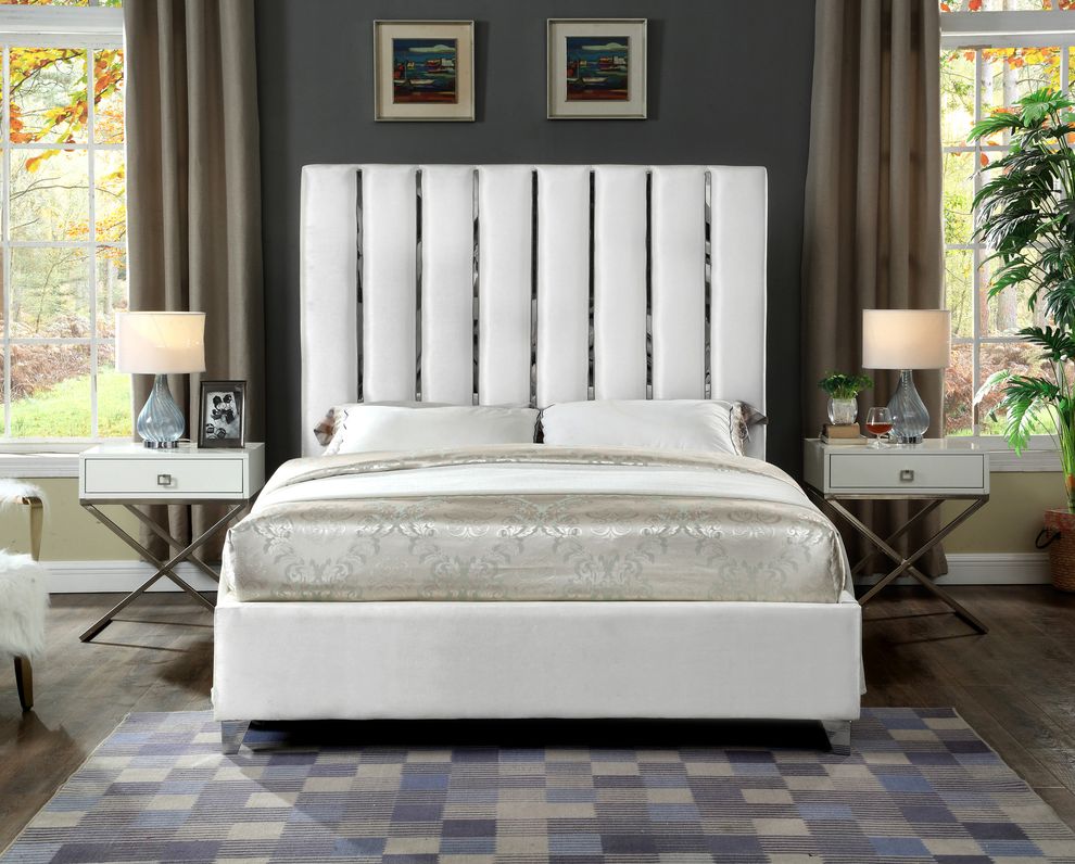 White velvet bed w/ vertical slice style headboard by Meridian