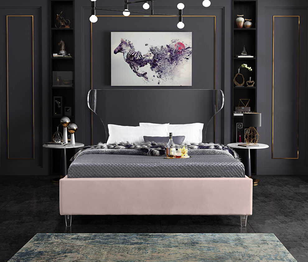 Acrylic wing style headboard platform king bed by Meridian
