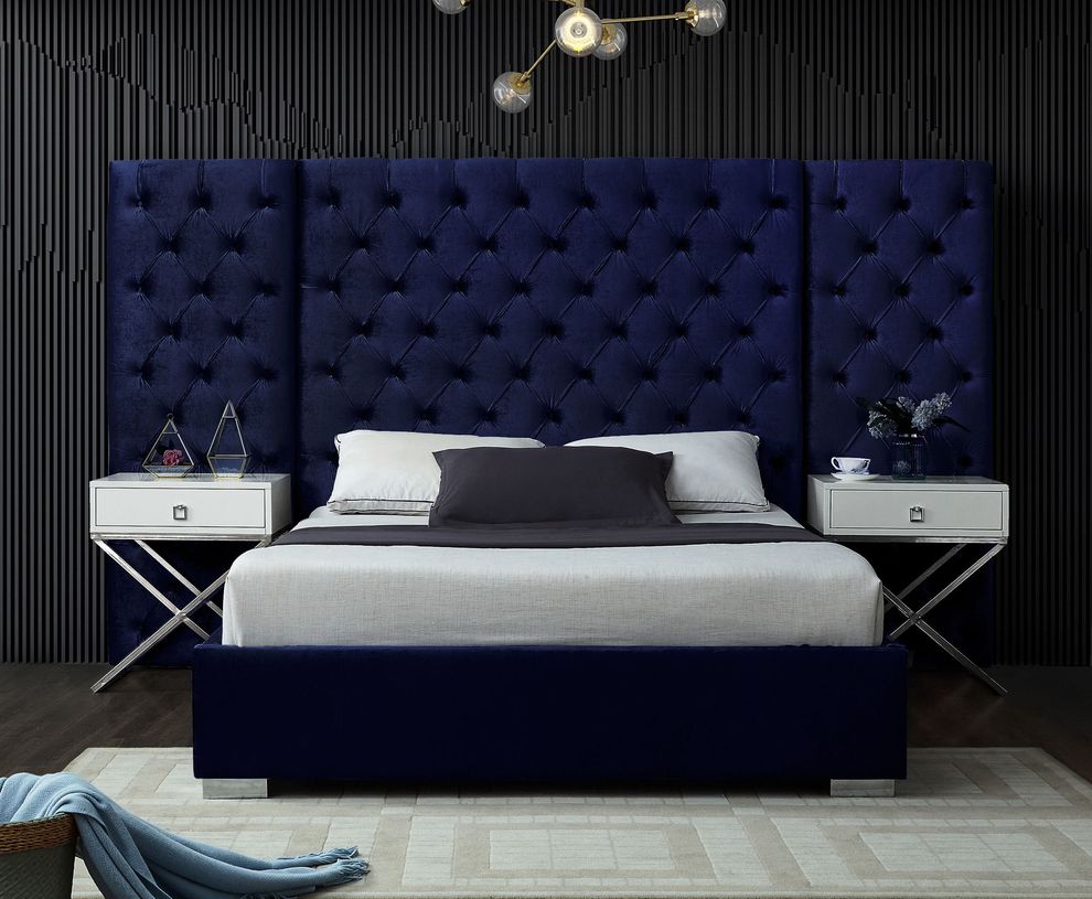 Contemporary navy bed w/ side panels in tufted style by Meridian