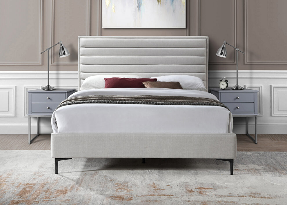 Cream linen fabric textured stylish modern king size bed by Meridian