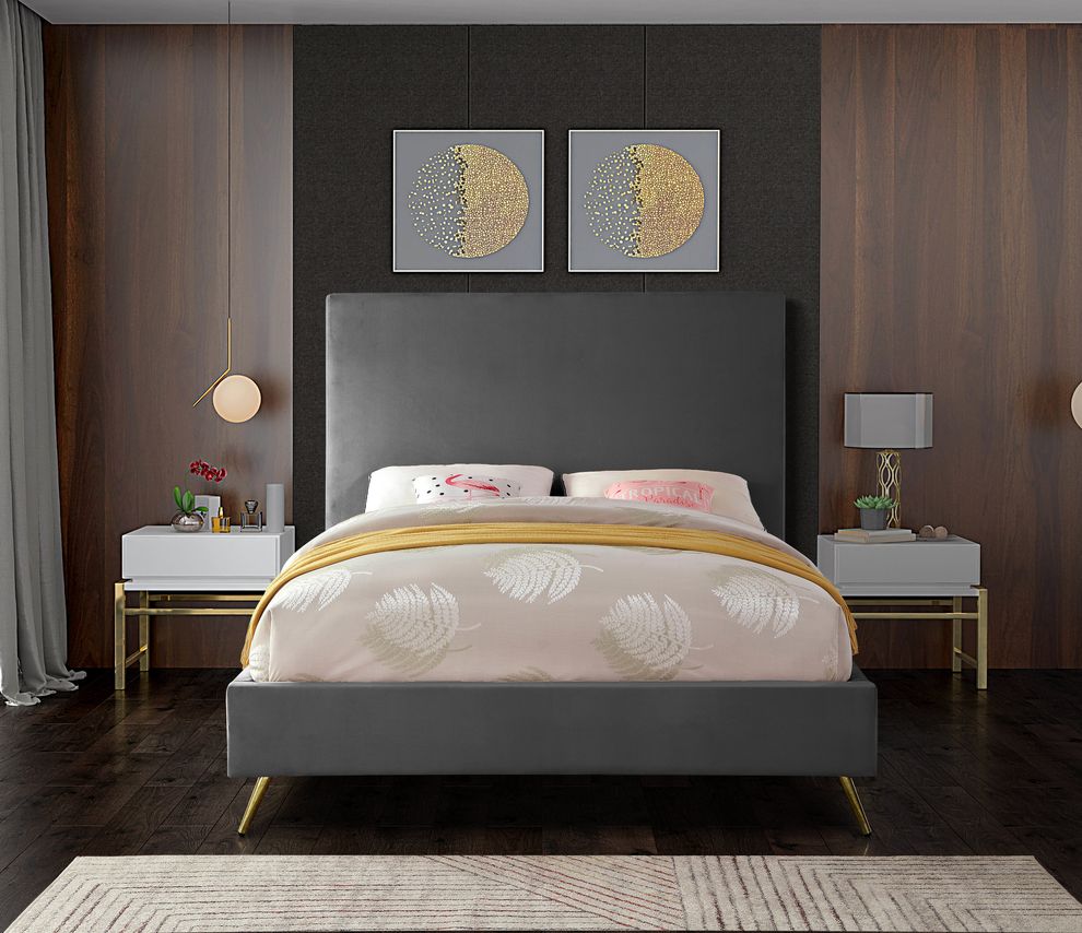 Gray velvet casual style king bed w/ gold & silver legs by Meridian