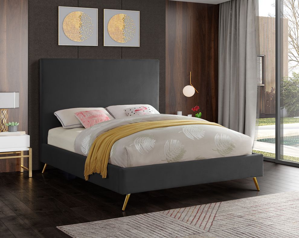 Gray velvet casual style bed w/ gold & silver legs by Meridian