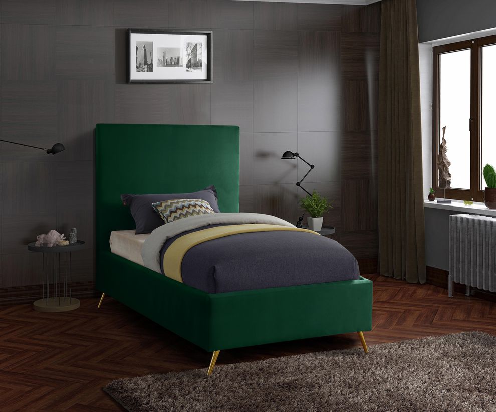 Green velvet casual style twin bed w/ gold & silver legs by Meridian