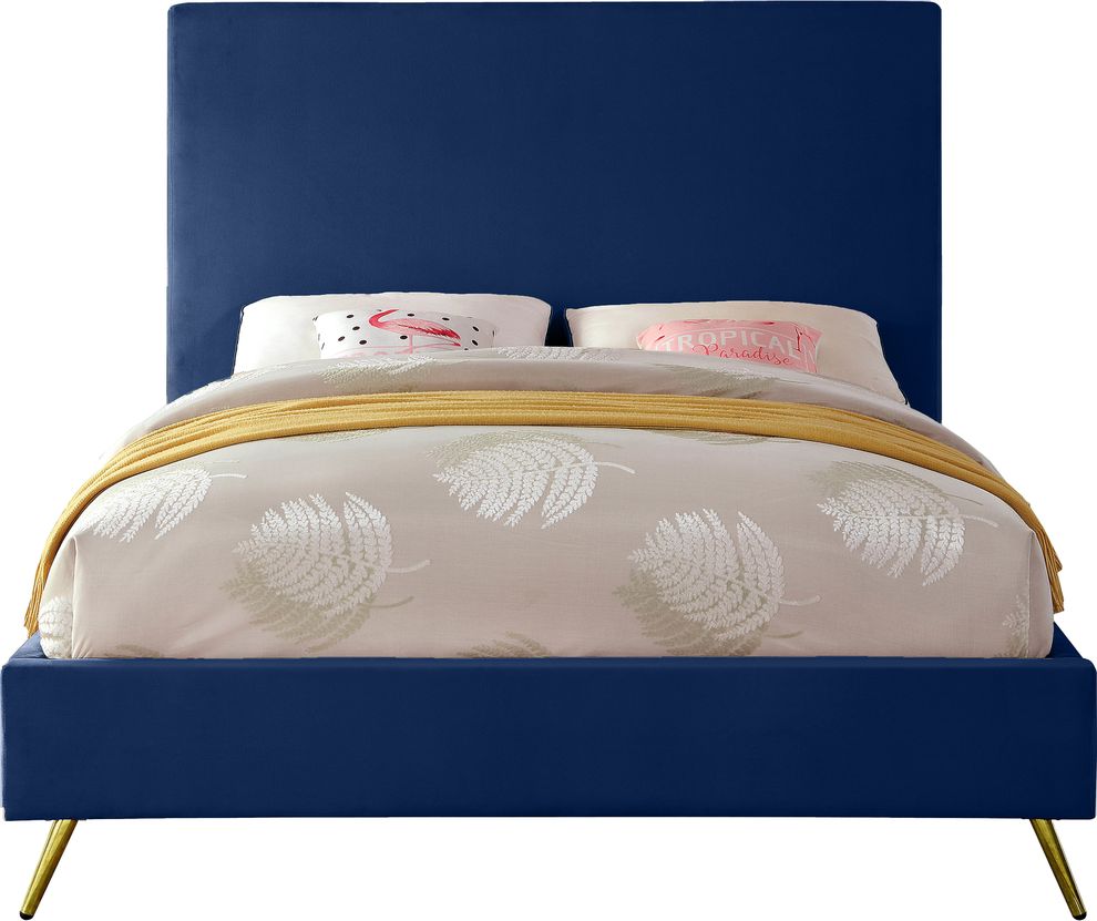 Navy velvet casual style full bed w/ gold & silver legs by Meridian