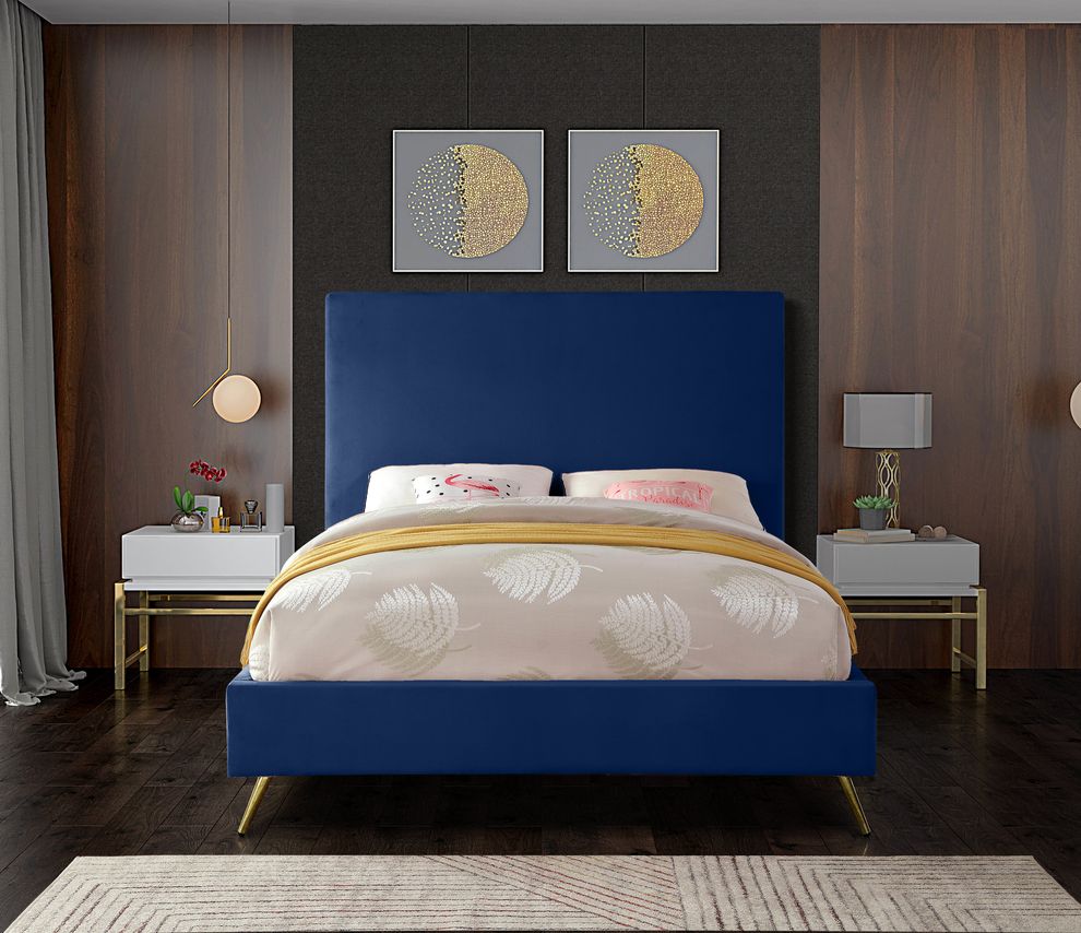 Navy velvet casual style king bed w/ gold & silver legs by Meridian