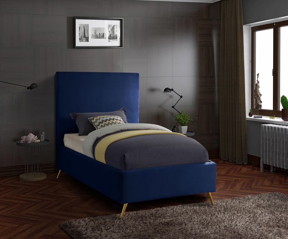 Navy velvet casual style twin bed w/ gold & silver legs by Meridian