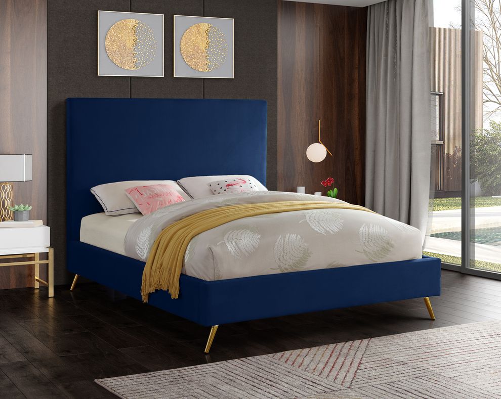 Navy velvet casual style bed w/ gold & silver legs by Meridian