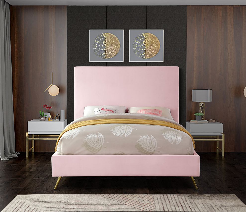 Pink velvet casual style king bed w/ gold & silver legs by Meridian