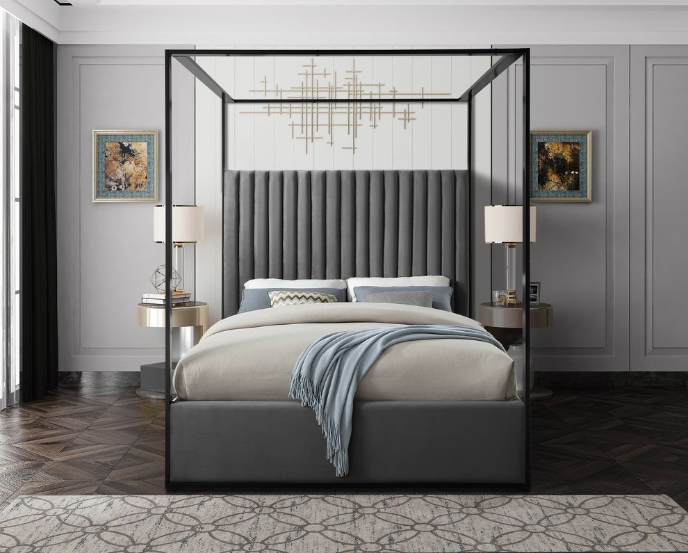 Contemporary velvet canopy king bed in gray by Meridian