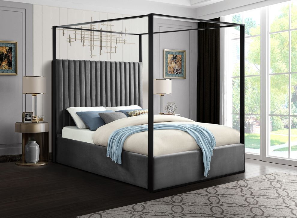 Contemporary velvet canopy queen bed in gray by Meridian