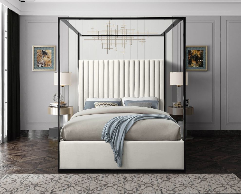 Contemporary velvet canopy king bed in cream by Meridian
